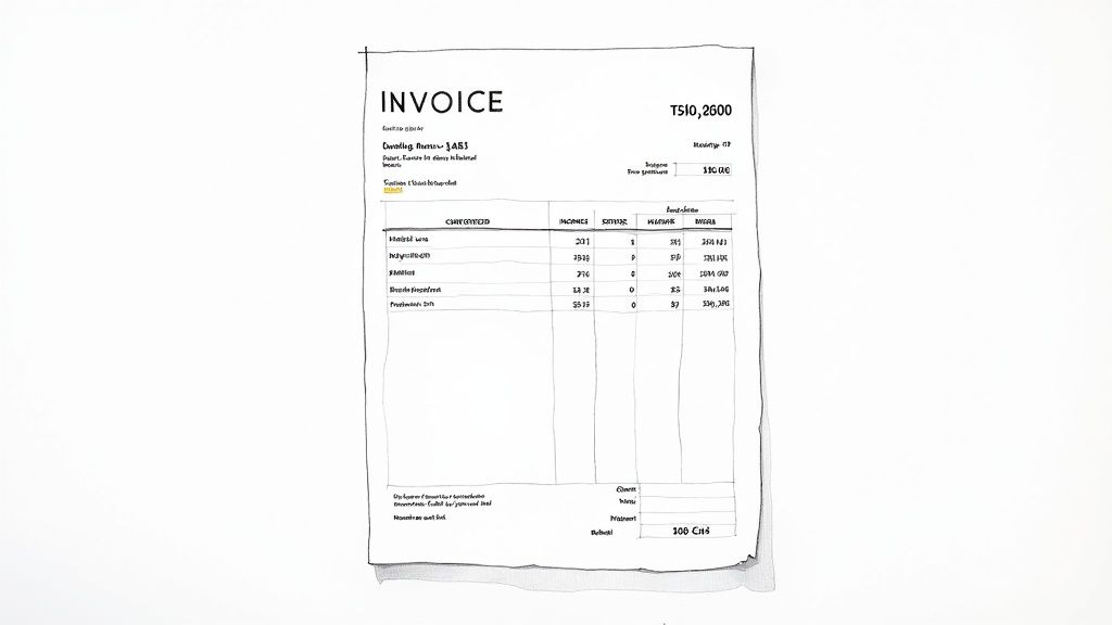 Business invoice document showing itemized services with quantities, rates and total amount due