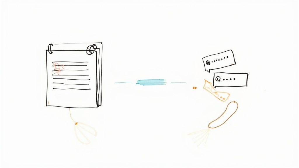 Hand-drawn illustration showing notepad document connecting to phone conversation and chat messages communication