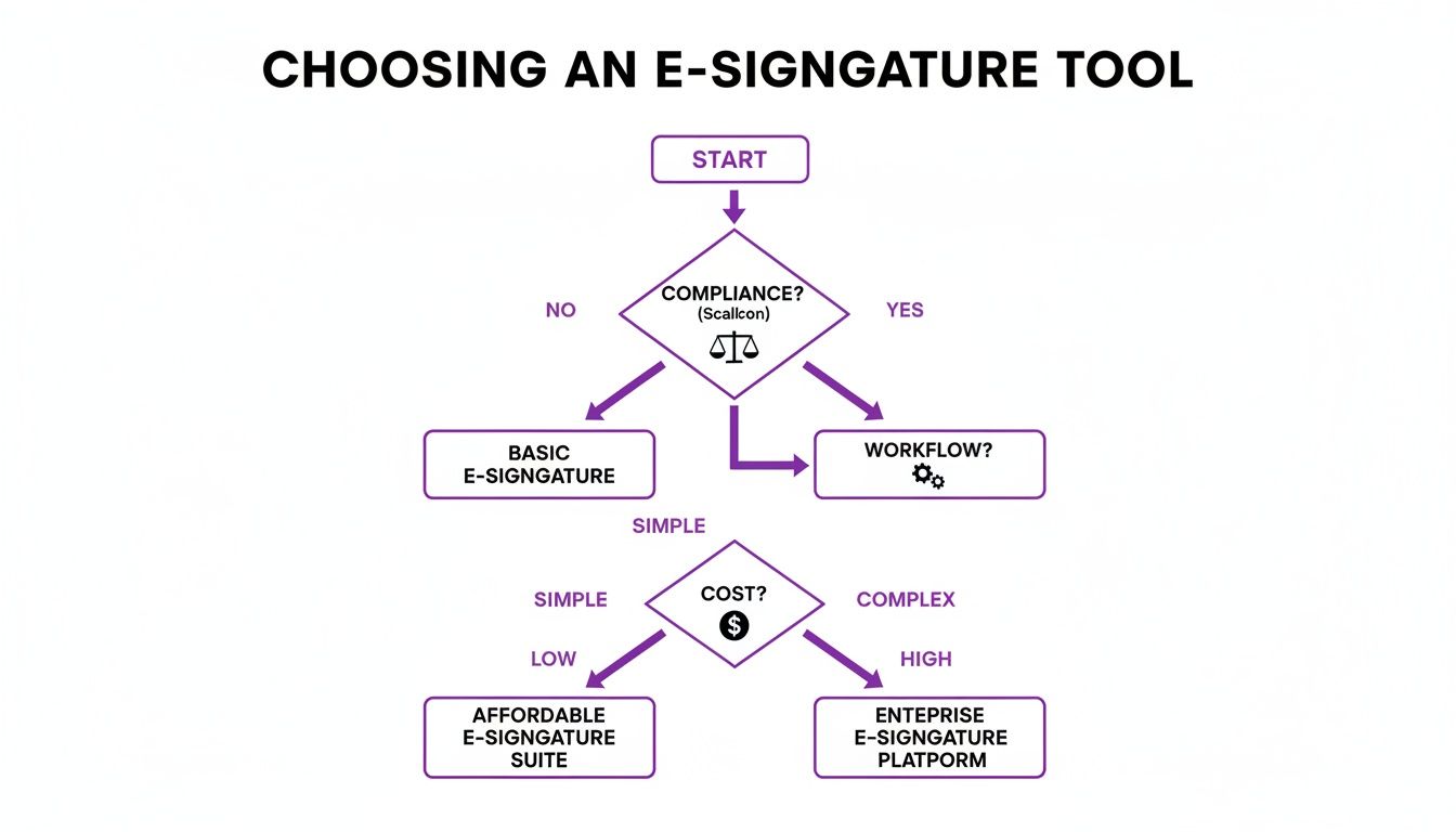 Flowchart guiding the selection of an e-signature tool based on compliance, workflow, and cost.