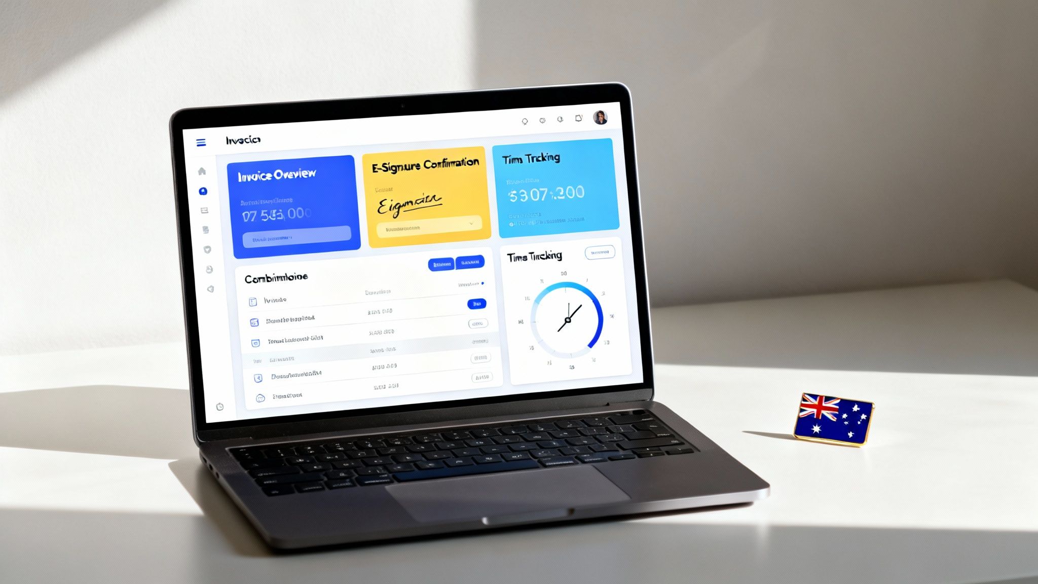 A laptop displaying a digital dashboard with invoice overview, e-signature, and time tracking features, next to an Australian flag pin.