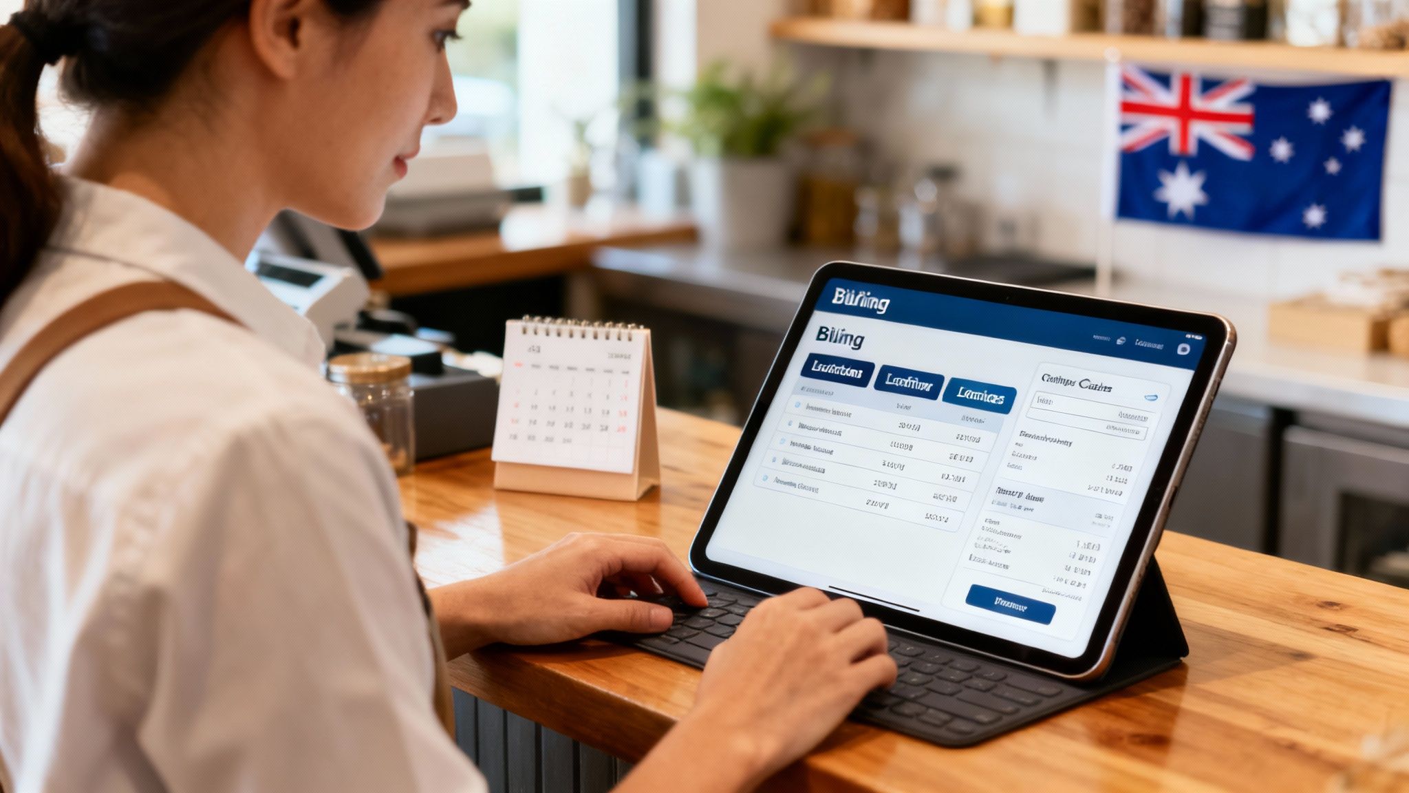 A young woman uses a tablet with billing software and an attached keyboard, managing a small business.