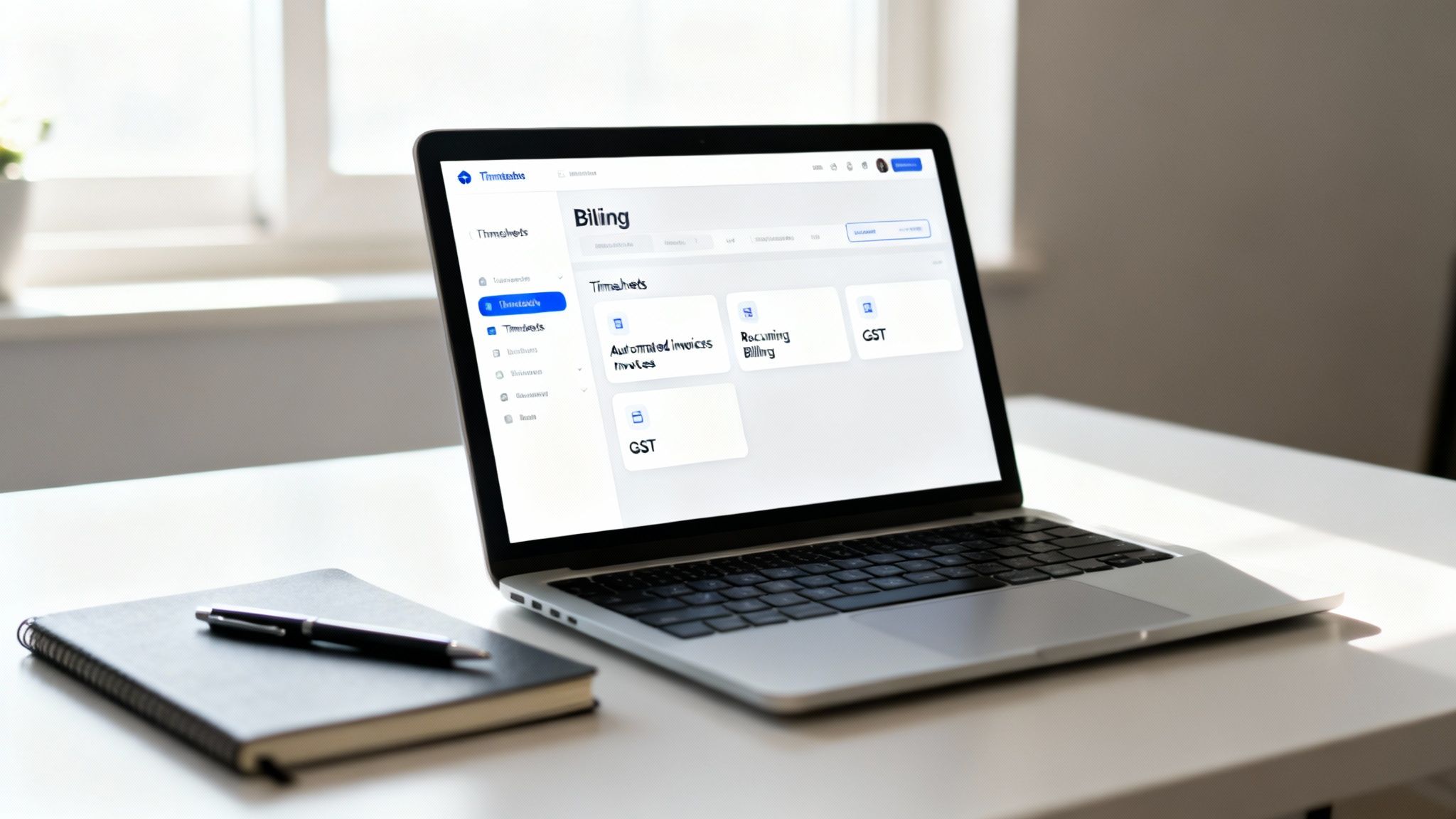 A laptop displaying billing software on a desk, with a calendar and office supplies nearby.