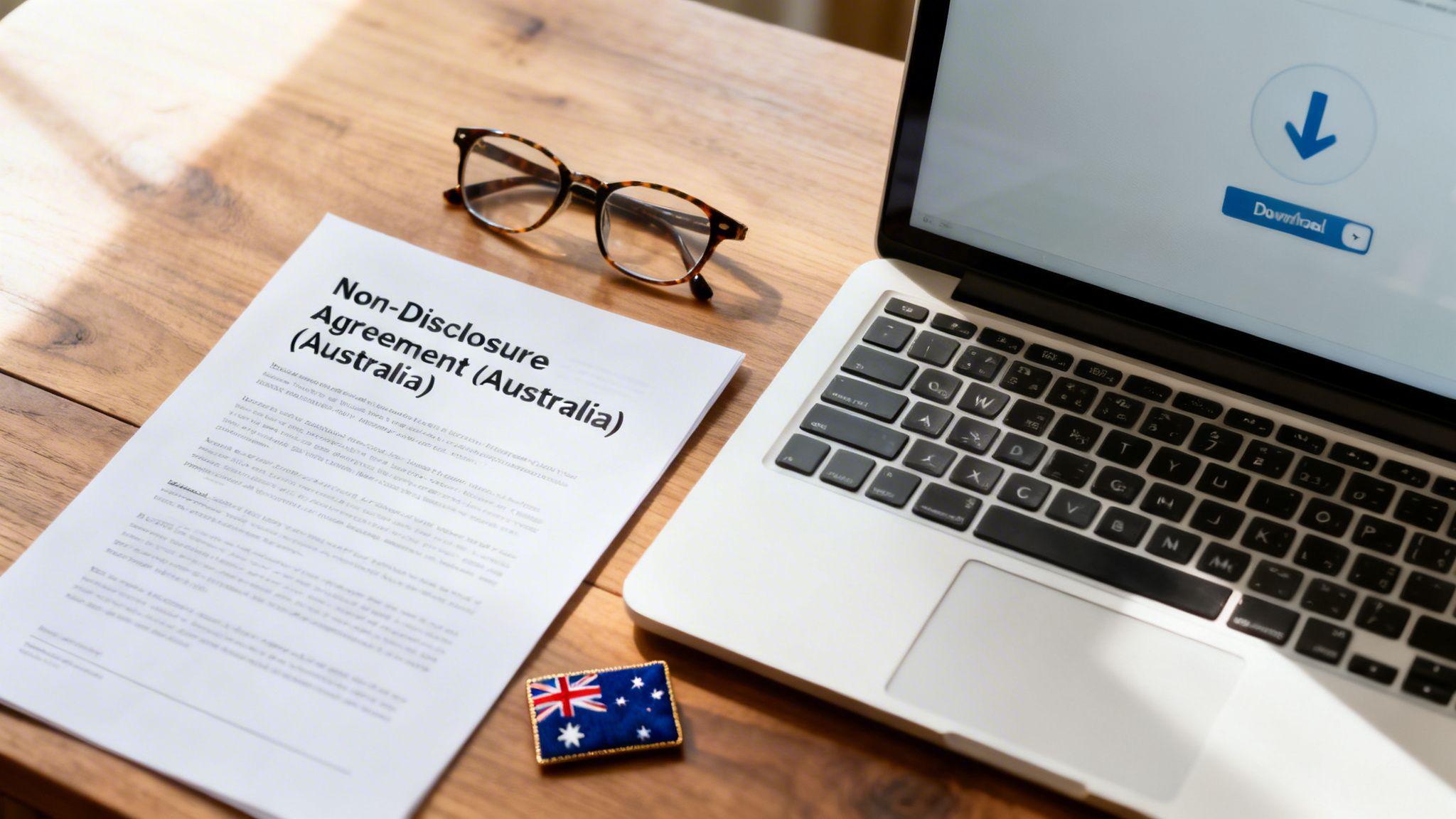 A non-disclosure agreement document for Australia, glasses, a laptop, and an Australian flag pin on a wooden desk.