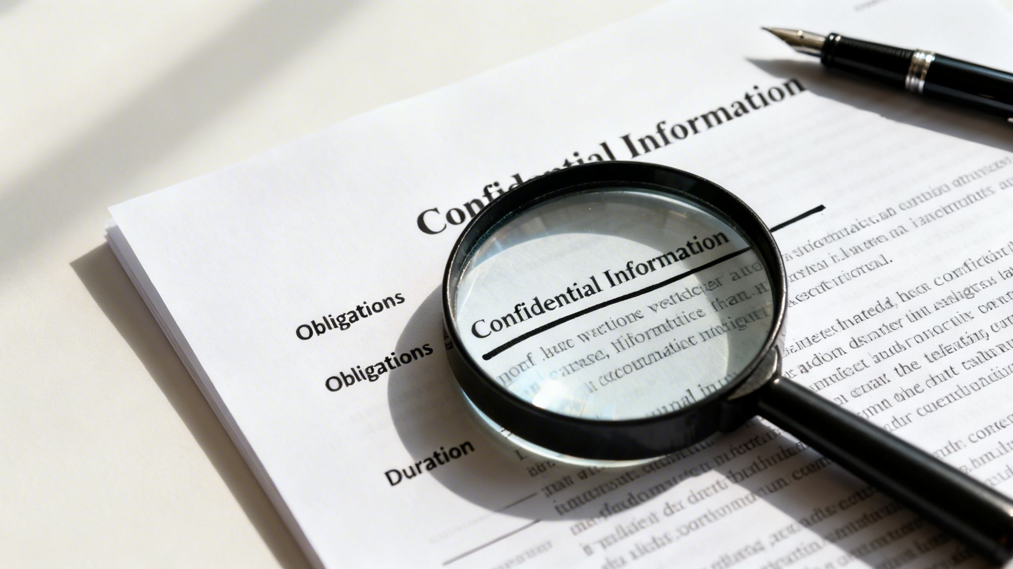 A magnifying glass highlights 'Confidential Information' on a document, with a fountain pen nearby, suggesting scrutiny.