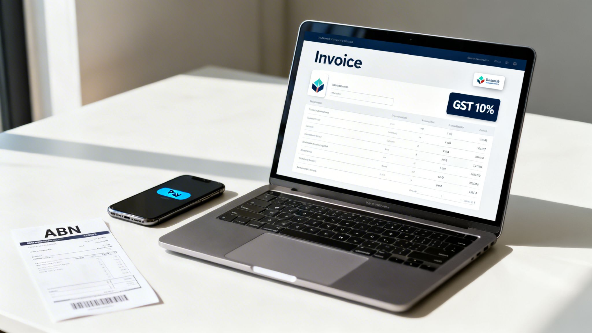 A desk with a laptop displaying an invoice, a smartphone with a 'Pay' button, and an ABN document.