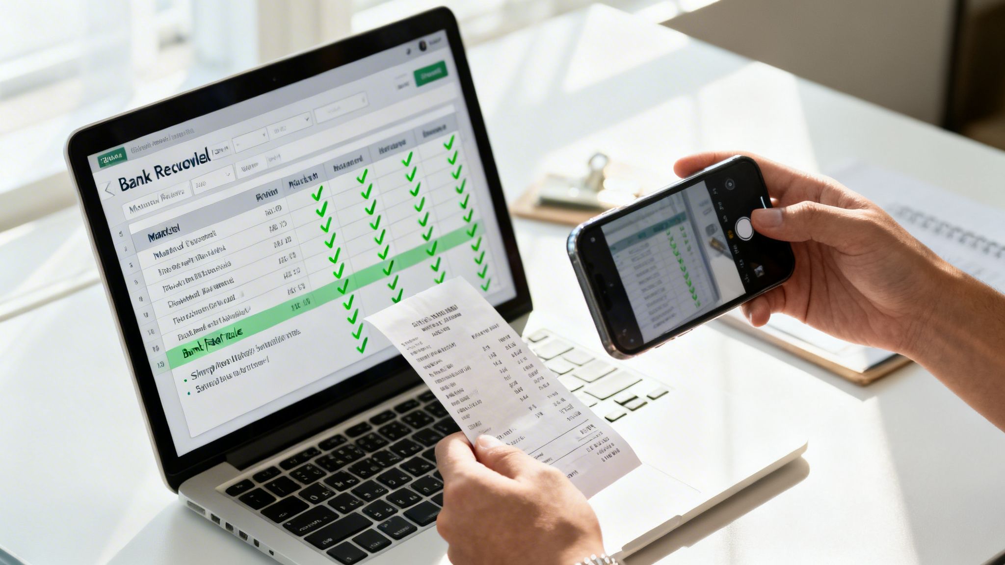 A person uses a smartphone to scan a paper receipt, with a laptop displaying bank reconciliation software.