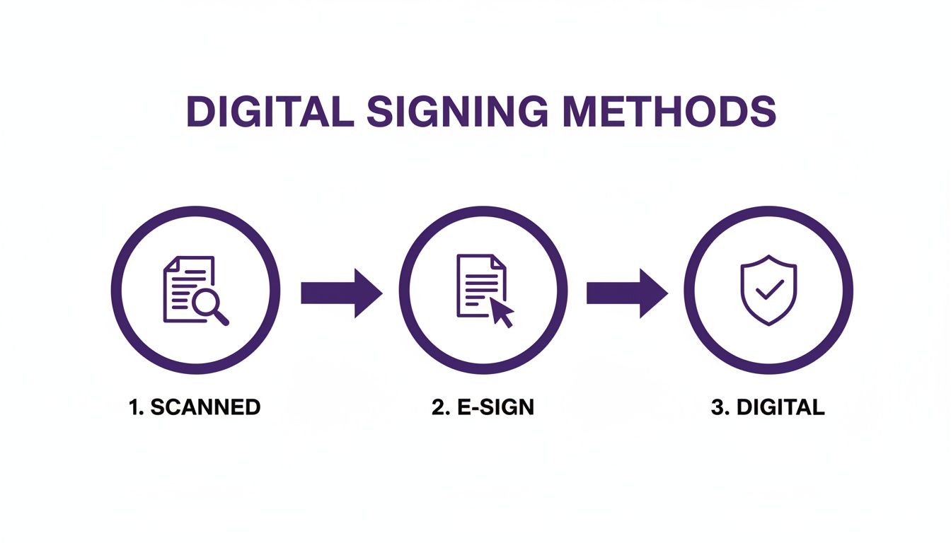 Infographic illustrating three digital signing methods: scanned, e-sign, and digital, with sequential steps.
