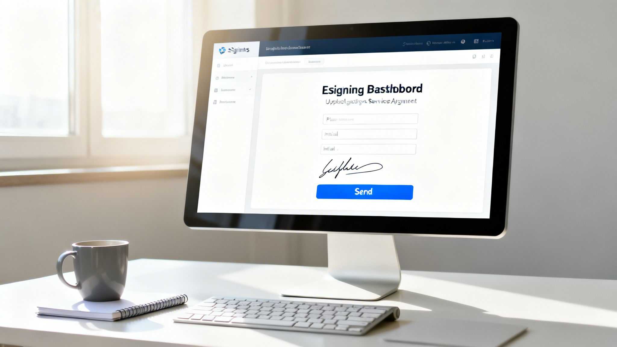 A desk with a computer displaying e-signing software, showing input fields, a signature, and a send button.