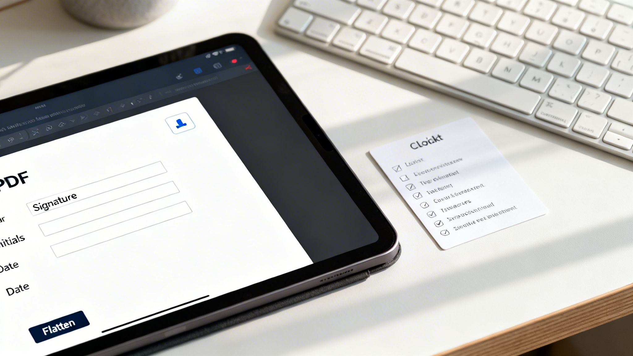 A tablet displaying a digital PDF signature form with fields for signature, initials, and date.